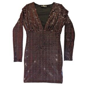 Women's LUX LA Long Sleeve Sequin Mini Dress Black Gold Medium Club Party Glam
